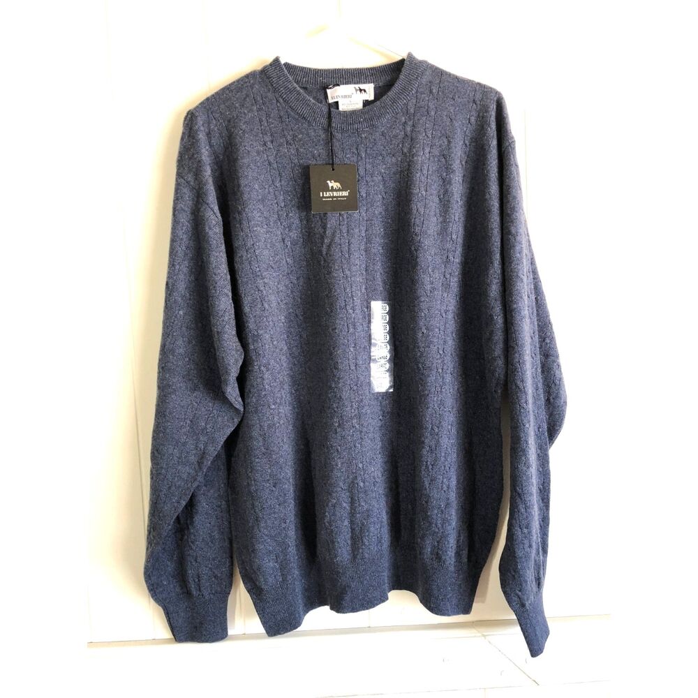 NWT I Levrieri Cashmere Silk Cable Knit Sweater Mens L Large Blue Made In Italy